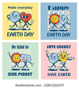Happy Earth Day retro cards with slogan. Vintage nostalgia cartoon planet mascot character with smiling face. Globe with peace hand gesture. Environment friendly recycle concept.