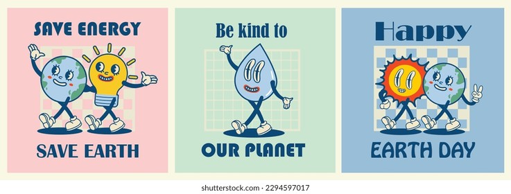 Happy Earth Day retro cards with slogan. Vintage nostalgia cartoon planet mascot character with smiling face. Globe with peace hand gesture. Environment friendly recycle concept.