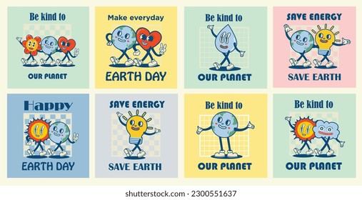 Happy Earth Day retro cards with slogan. Vintage nostalgia cartoon planet mascot character with smiling face. Globe with peace hand gesture. Environment friendly recycle concept.