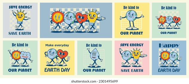 Happy Earth Day retro cards with slogan. Vintage nostalgia cartoon planet mascot character with smiling face. Globe with peace hand gesture. Environment friendly recycle concept.