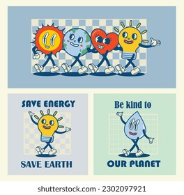 Happy Earth Day retro cards with slogan. Vintage nostalgia cartoon planet mascot character with smiling face. Globe with peace hand gesture. Environment friendly recycle concept.