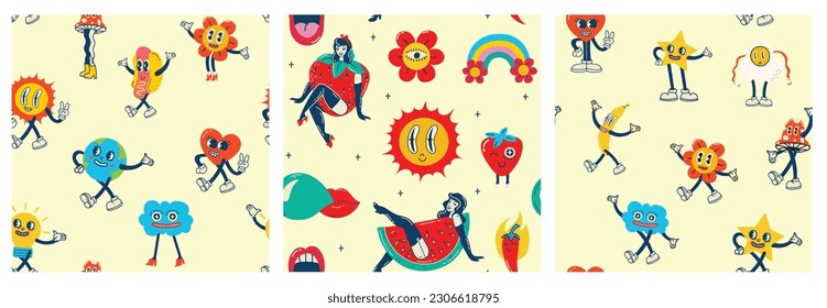 Happy Earth Day retro cards with slogan. Vintage nostalgia cartoon planet mascot character with smiling face. Globe with peace hand gesture. Environment friendly recycle concept.