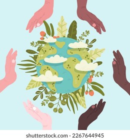 Happy Earth Day! Save Nature. Vector eco illustration for social media, poster, banner, card, flyer on the theme of saving planet, human hands protect earth