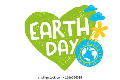 Happy Earth Day. Save Planet. World Environment Day concept. Green Eco Earth. Globe vector illustration. World map on heart shape. Woman and man flying holding on to the heart balloon.