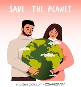 Happy Earth Day. Save the Planet. Man and woman holding the globe. Concept of ecology and environmental protection. Vector illustration