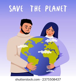 Happy Earth Day. Save the Planet. Man and woman holding the globe. Concept of ecology and environmental protection. Vector illustration