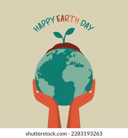 happy earth day and save the world concept, human hands holding planet globe with plant growth for environmental protection and nature conservation, flat vector illustration design