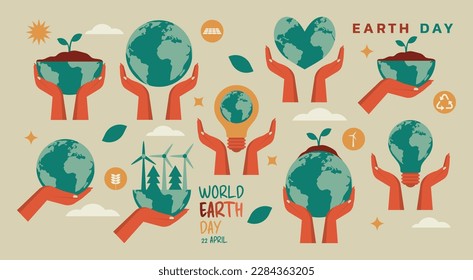 happy earth day and save the world concept, set of human hands with planet globe with light bulb, wind turbine for environment care and renewable energy, flat vector illustration design