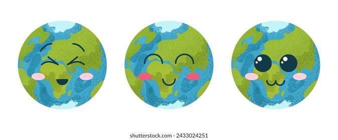 Happy Earth Day. Set of flat emoji planet Earth. Bundle with mascot Earth icons with faces. isolated vector illustrations on white background. Cartoon vector clip art with kawaii planet.
