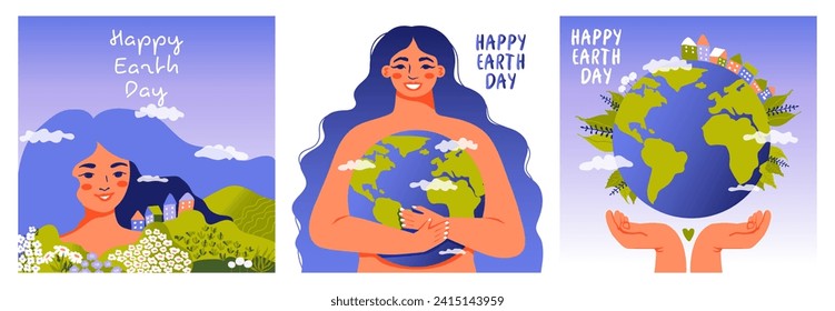 Happy Earth Day set. Planet Earth with  clouds and houses. Mother holding the globe. Concept of ecology and environmental protection. Vector illustration