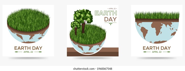 Happy Earth day - set of tree vector eco illustrations of an environmental concept to save the world. Concept vision on the theme of saving the planet. Suitable for greeting card, social poster