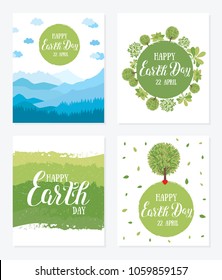 Happy Earth Day. Set of vector postcards with lettering, trees, mountains and green leaves. Eco friendly ecology concept.