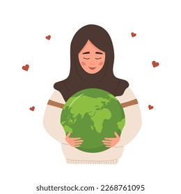 Happy Earth day. Smiling arabian girl holding Planet with care and love. Caring for Nature and environment. Concept of ecological awareness. Vector illustration in flat cartoon style.