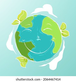 Happy Earth day. Smiling globe on blue background. Hand drawn cartoon style work. Vector illustration.