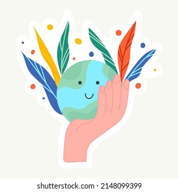 Happy Earth Day sticker! Ecology, recycle, zero waste with save environment. Eco badges with hand holding earth, nature plant. Design for shopping bag, t-shirt, apparel, clothes, banner