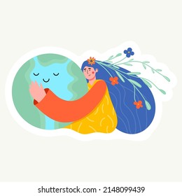 Happy Earth Day sticker! Ecology, recycle, zero waste with save environment vector illustration. Eco badges with girl, nature plant. Design for shopping bag, t-shirt, apparel, clothes, banner