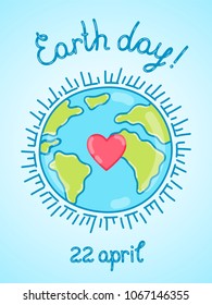 Happy Earth Day! Sweet cartoon greeting card with Earth