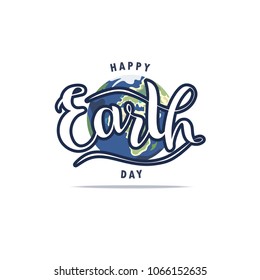 Happy Earth Day text with hand drawn earth in flat style design. Great for logotype, badge, icon, card, invitation, poster, banner template. Celebration vector card. Lettering typography