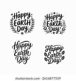 Happy Earth Day Typography – Black and White Cursive Script with Leaf Icon.