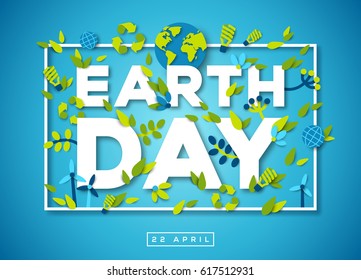 Happy Earth day typography design with abstract leaves, paper cut shapes and ecology icons. Vector illustration. Colorful environment elements thin square frame on blue background