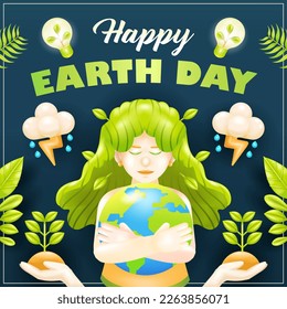 Happy Earth Day. Vector 3d woman hugging the earth with plant ornaments