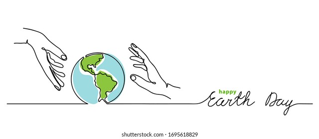 Happy earth day vector background. Simple planet and hands. Minimalist web banner, earth day vector illustration. One continuous line drawing