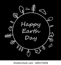 Happy Earth Day vector card on black background. Sketch style illustration. Logo, banner, sticker, stencil. 