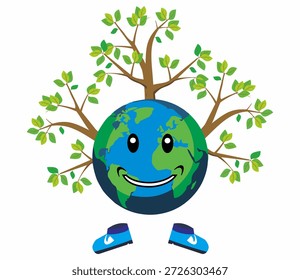 Personagem vetorial Feliz Dia da Terra com árvores verdes e sapatos. Mascote do globo sorridente com ramos crescentes para o conceito eco-friendly. Ilustração do planeta Terra para a conservação da natureza
