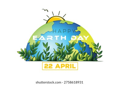 Happy Earth Day Vector Concept with Rising Sun, Green Leaves and Globe Icon