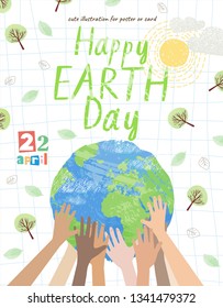 Happy Earth Day! Vector eco illustration for social poster, banner or card on the theme of saving the planet. Hands hold the earth