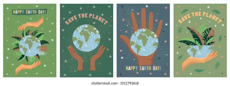 ¡Feliz Día de la Tierra! Ilustraciones ecológicas vectoriales para afiches sociales, pancartas o tarjetas sobre el tema de salvar el planeta, las manos humanas protegen nuestra tierra. Hacer un día de la tierra diario