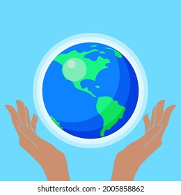 Happy Earth Day! Vector eco illustration for social poster, banner or card on the theme of saving the planet. Hands holding planet earth for environment care.