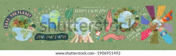 Happy Earth Day! Vector\
eco illustrations for social poster, banner or card on the theme of\
saving the planet, human hands protect our earth. Make an everyday\
earth day