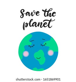 Feliz Día de la Tierra ilustración vectorial. Salvemos el lema de conciencia ecológica del planeta. Texto caligráfico con globo. 22 de abril. Caricatura.