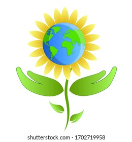 Happy Earth Day vector Illustration, Earth with Sunflower petals