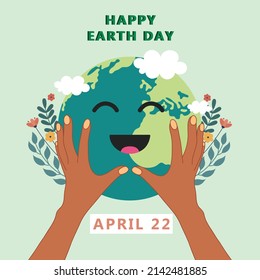 Happy earth day vector illustration background. Happy earth day vector illustration background. Happy face cute earth cartoon.  Happy earth day lettering.