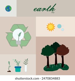 Happy Earth Day! Vector illustrations of ecology, logo, environmental protection and conservation, leaves, tree, line icons and geometric pattern for poster or flyer.