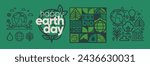 Happy Earth Day! Vector modern trendy illustrations of ecology, logo, environmental protection and conservation, leaves, tree, line icons and geometric pattern for poster or flyer