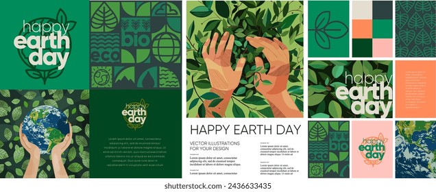Happy Earth Day! Vector modern trendy illustrations of ecology, environmental protection and conservation, hands holding planet earth, leaves, plants and geometric pattern for poster or greeting card 