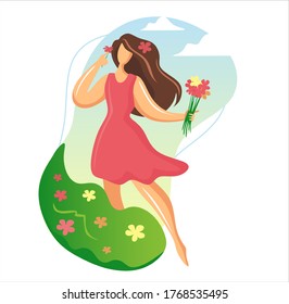 Feliz Día de la Tierra Vector plantilla con mujer y ramo de flores. Plantillas de banner, afiche, tarjetas de felicitación. Flores de verano y mujer libre feliz en el campo. Felicidad, libertad, cielo. Ilustración