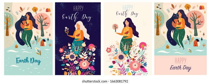 Happy Earth Day Vector templates with woman, flowers, nature and cat. Collection of holiday spring illustrations