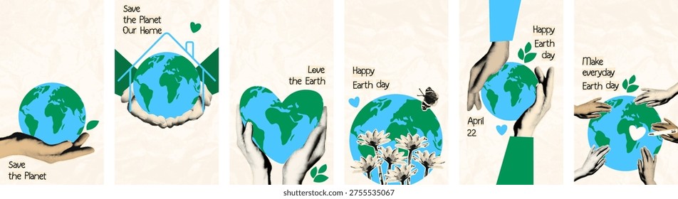 Happy Earth day vertical banners set with diverse halftone cut out hands holding doodle Earth globe Save planet and protect nature concept Modern retro mixed media collage vector illustration isolated