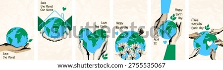 Happy Earth day vertical banners set with diverse halftone cut out hands holding doodle Earth globe Save planet and protect nature concept Modern retro mixed media collage vector illustration isolated
