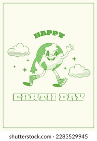 Happy Earth day vintage poster in trendy cartoon style. World Environment Day . Cute retro Earth character.Vector illustration
