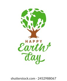 Happy Earth Day wallpaper poster. Creative greetings with tree of life logo concept. T shirt graphic idea. Cute tree with green leaves as a symbol of Mother Earth. Abstract icon. Typographic design. 