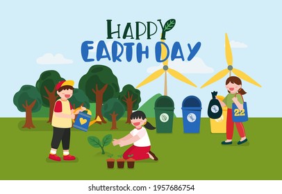 Happy earth day web banner of eco friendly city and renewable Energy Concept Help reduce global warming in cartoon character, isolated vector illustration