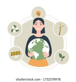 Happy Earth Day! World Environment day concept. Girl hold the Planet. Flat vector eco modern illustration for social poster, banner, card, template. Save the Planet!