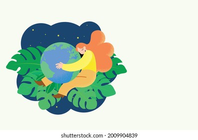 Feliz Día de la Tierra o ilustración vectorial del Día Mundial del Medio Ambiente. Concepto de ecología, comportamiento ecológico, protección de la naturaleza y del medio ambiente. Mujer sosteniendo el globo en un cielo estrellado.