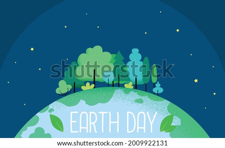 Happy Earth day or World environment day vector illustration. Globe with trees.  Concept of ecology, protection of nature and environment. "Always Together" font, free for commercial use, by Paulo R.