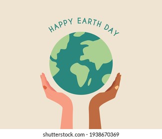 Happy earth day.Different race hands holding globe.Earth day concept.Modern colorful vector illustration cartoon 